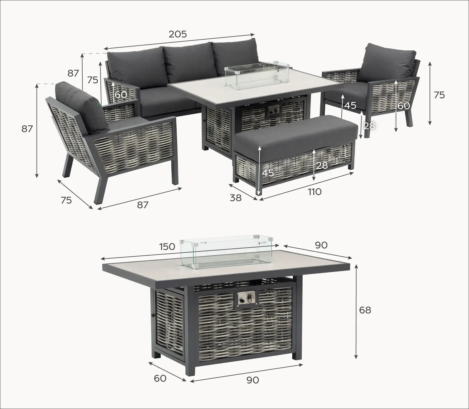 Caleb 3 Seater Rattan Aluminium Dining Set - 2 Armchairs & Bench - Gas Fire Pit Dark Grey Table
