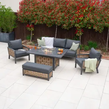 Caleb 3 Seater Rattan Aluminium Dining Set - 2 Armchairs & Bench - Gas Fire Pit Dark Grey Table
