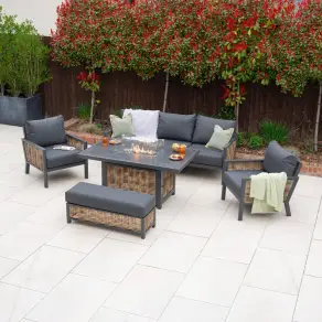 Caleb 3 Seater Rattan Aluminium Dining Set - 2 Armchairs & Bench - Gas Fire Pit Dark Grey Table
