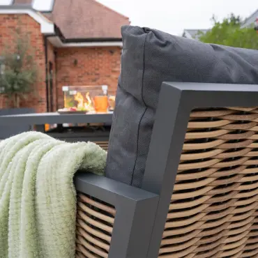 Caleb 3 Seater Rattan Aluminium Dining Set - 2 Armchairs & Bench - Gas Fire Pit Dark Grey Table