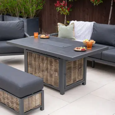 Caleb 3 Seater Rattan Aluminium Dining Set - 2 Armchairs & Bench - Gas Fire Pit Dark Grey Table