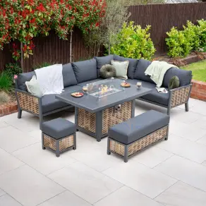 Caleb Corner Rattan Aluminium Dining Set - Bench & Stool - Gas Fire Pit Dark Grey Table