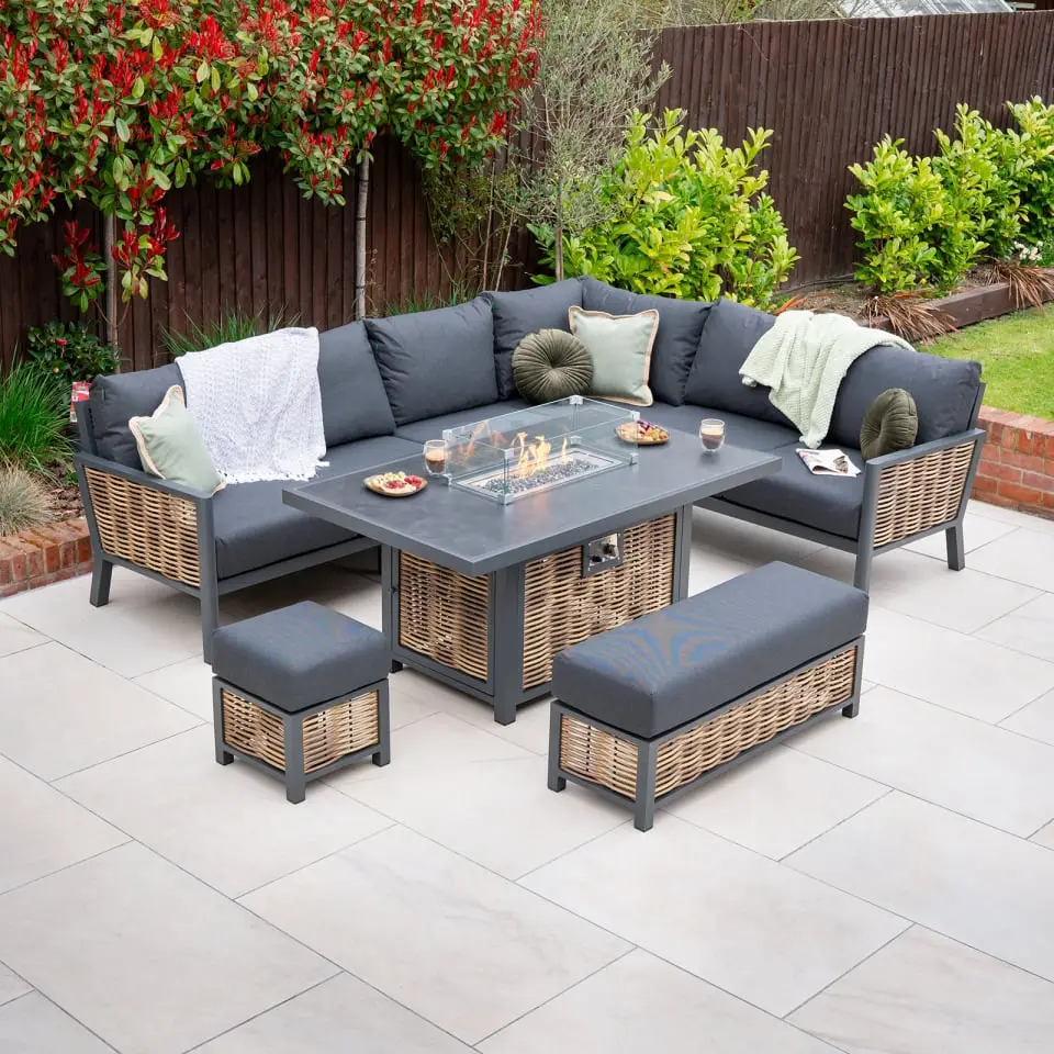 Caleb Corner Rattan Aluminium Dining Set with Bench & Stool - Gas Fire Pit Table