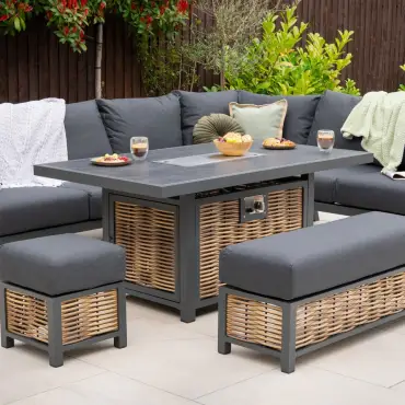 Caleb Corner Rattan Aluminium Dining Set with Bench & Stool - Gas Fire Pit Table