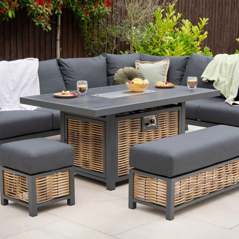 Caleb Corner Rattan Aluminium Dining Set - Bench & Stool - Gas Fire Pit Dark Grey Table