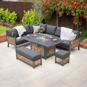 Caleb Corner Rattan Aluminium Dining Set with Bench & Stool - Gas Fire Pit Table