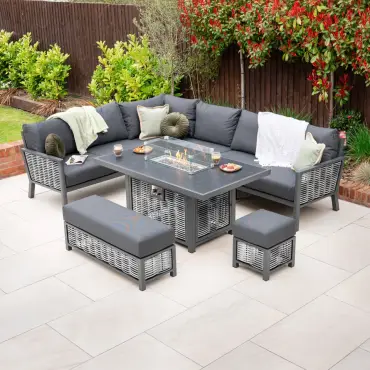 Caleb Corner Rattan Aluminium Dining Set - Bench & Stool - Gas Fire Pit Dark Grey Table