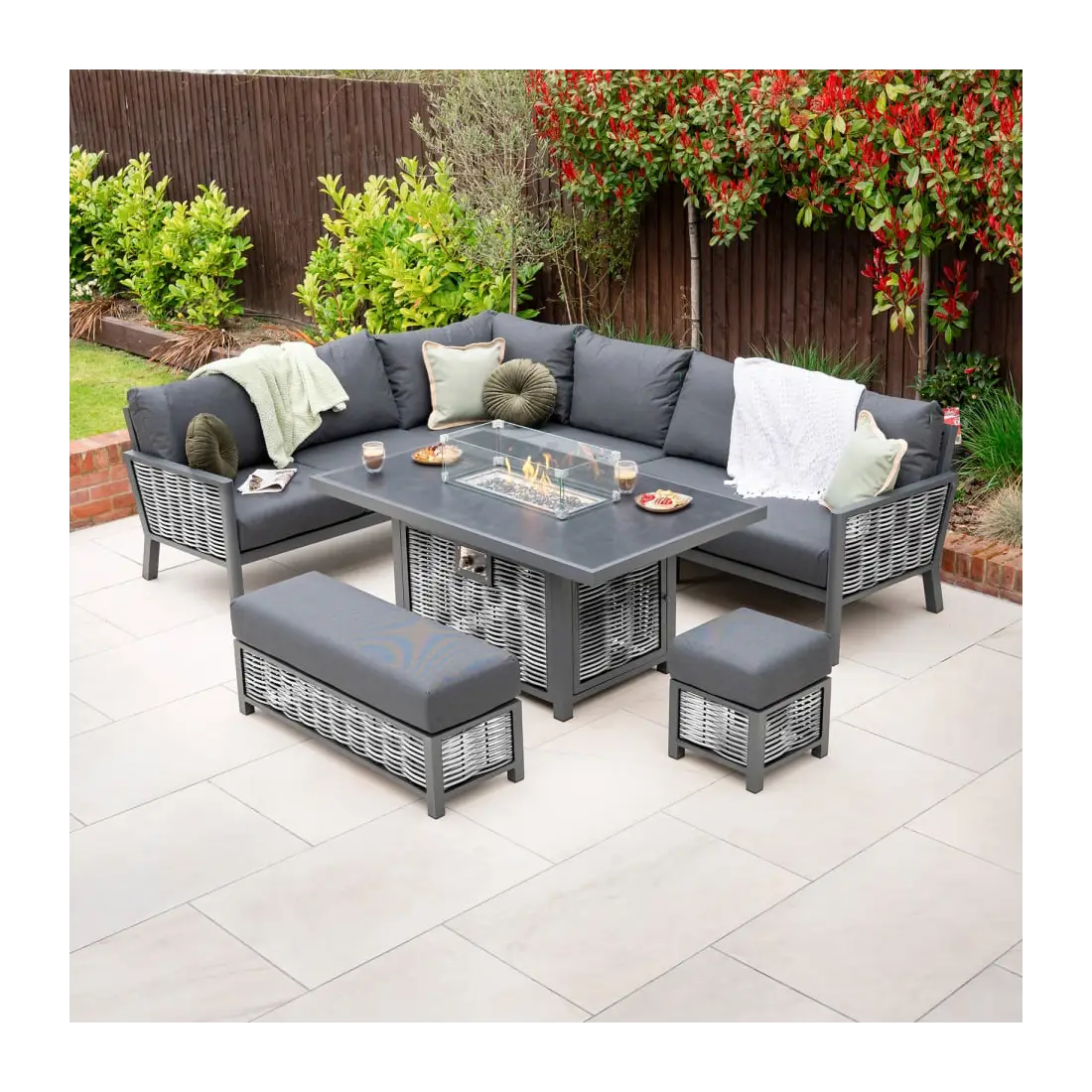 Caleb Corner Rattan Aluminium Dining Set - Bench & Stool - Gas Fire Pit Dark Grey Table Caleb Corner Rattan Aluminium Dining Set - Bench & Stool - Gas Fire Pit Dark Grey Table