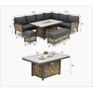 Caleb Corner Rattan Aluminium Dining Set with Bench & Stool - Gas Fire Pit Table