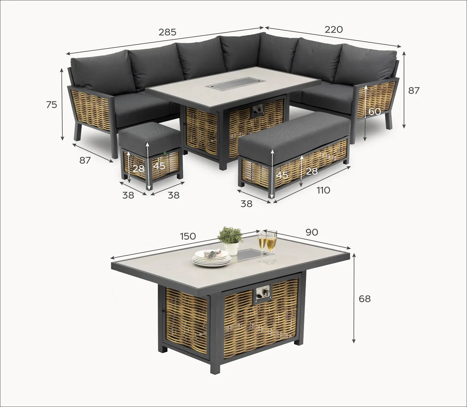 Caleb Corner Rattan Aluminium Dining Set - Bench & Stool - Gas Fire Pit Dark Grey Table