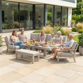 Vogue Corner Aluminium Dining Set - Armchair & Bench - Adjustable Rising Extending Table