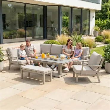 Vogue Corner Aluminium Dining Set - Armchair & Bench - Adjustable Rising Extending Table