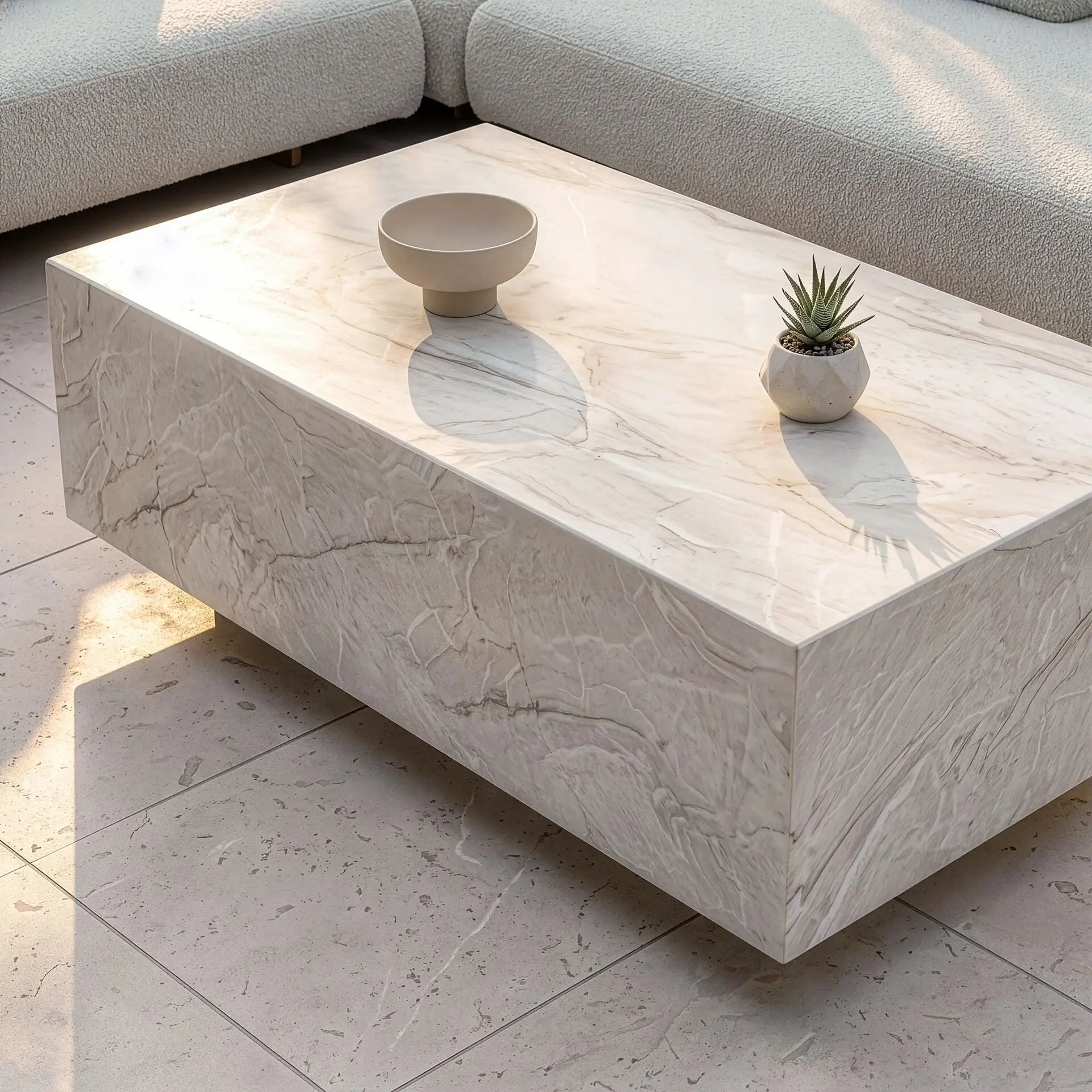Fabric Cannes Large Corner Sofa Set - Rectangular Marble Effect Coffee Table
