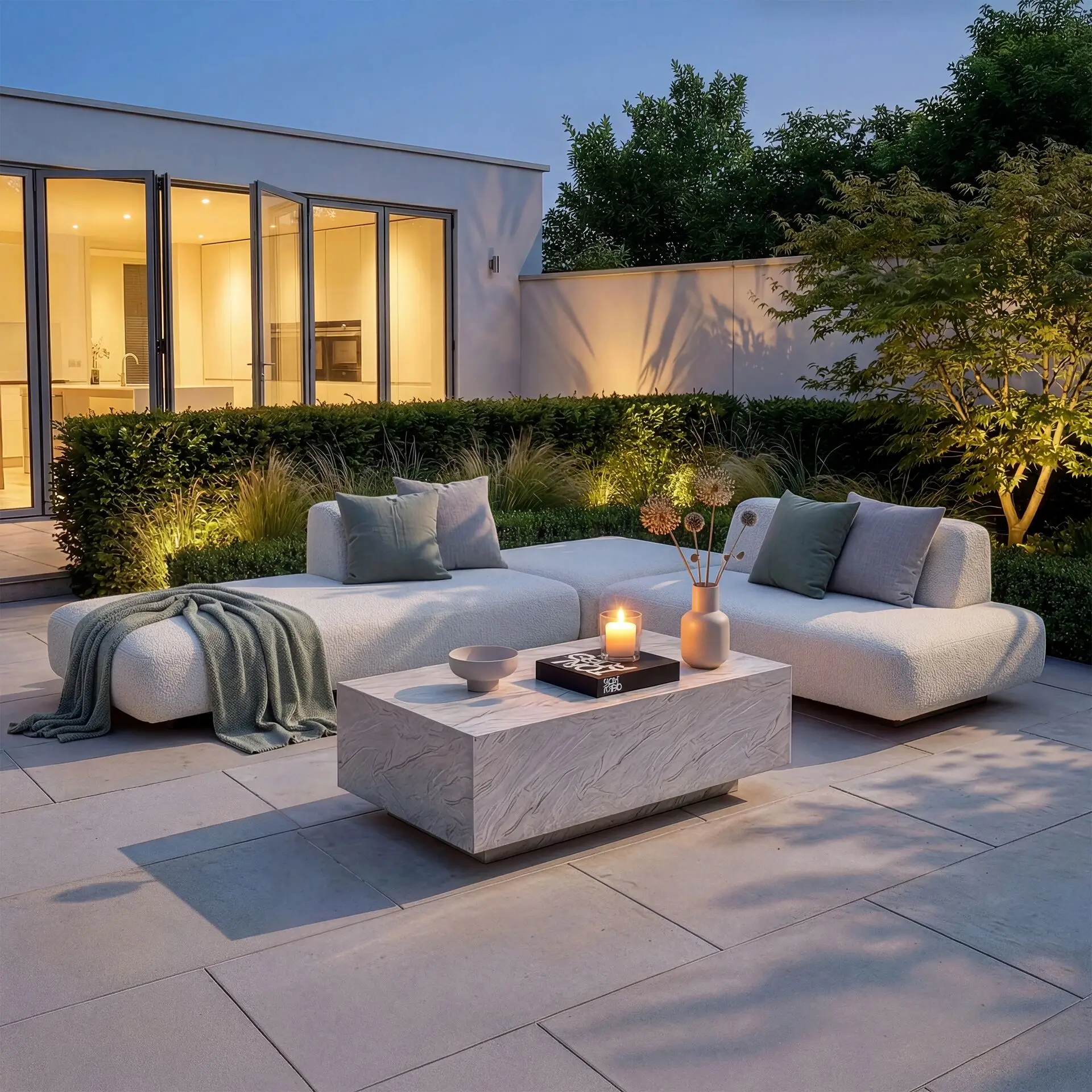 Fabric Cannes Small Corner Sofa Set - Rectangular Marble Effect Coffee Table
