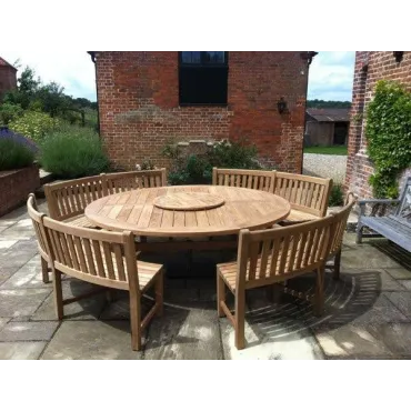 Chunky 210cm dia teak table with contour benches & parasol