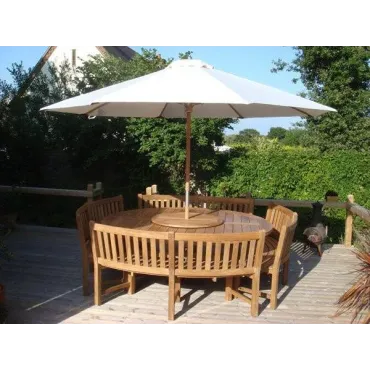 Chunky 210cm dia teak table with contour benches & parasol