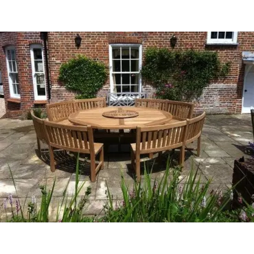Chunky 210cm dia teak table with contour benches & parasol