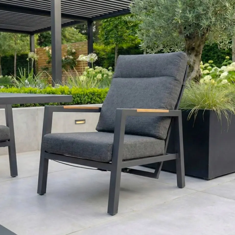 Juno 3 Seater Aluminium Wood Effect Reclining Lounge Dining Set with 2 Armchairs and Bench