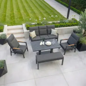 Juno 3 Seater Aluminium Wood Effect Reclining Lounge Dining Set with 2 Armchairs and Bench