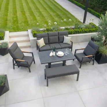 Juno 3 Seater Aluminium Wood Effect Reclining Lounge Dining Set with 2 Armchairs and Bench