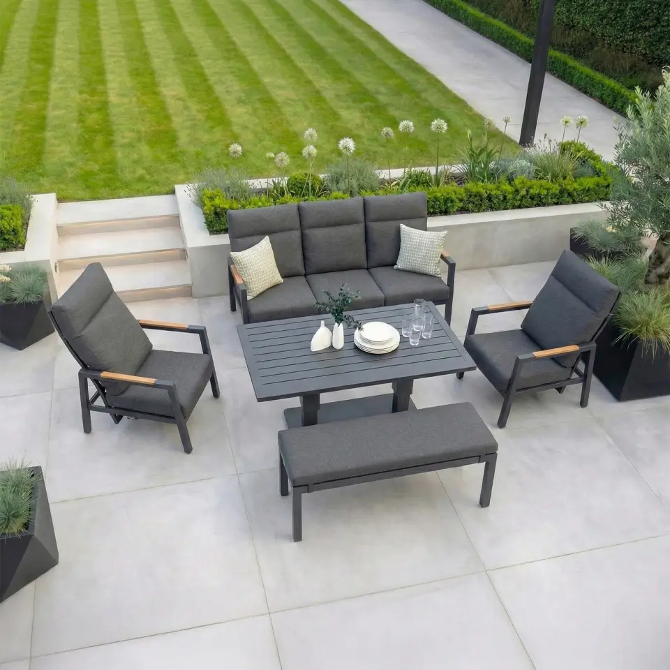 Juno 3 Seater Aluminium Wood Effect Reclining Lounge Dining Set with 2 Armchairs and Bench