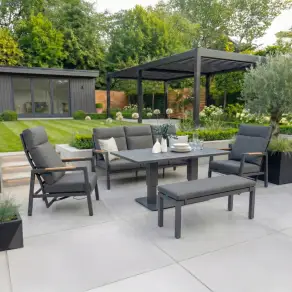 Juno 3 Seater Aluminium Wood Effect Reclining Lounge Dining Set with 2 Armchairs and Bench