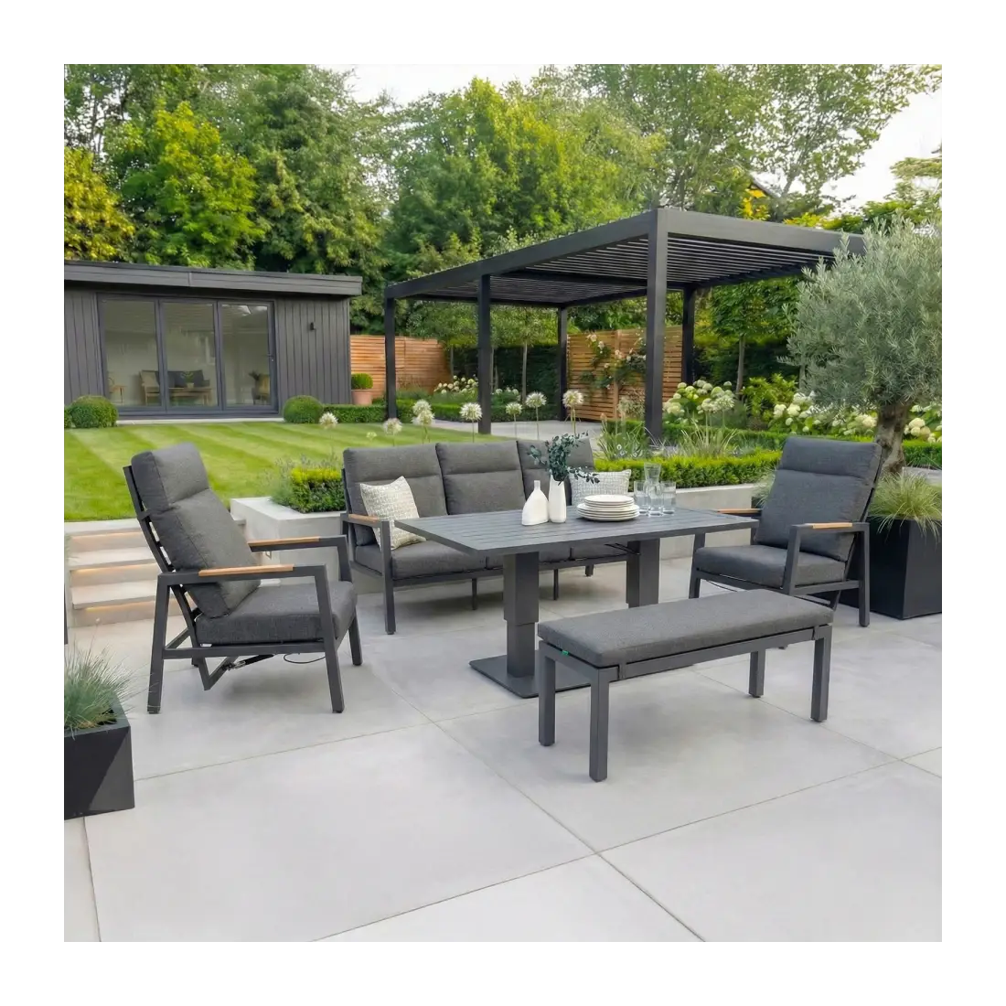 Juno 3 Seater Aluminium Wood Effect Reclining Dining Set - 2 Armchairs & Bench Juno 3 Seater Aluminium Wood Effect Reclining Dining Set - 2 Armchairs & Bench