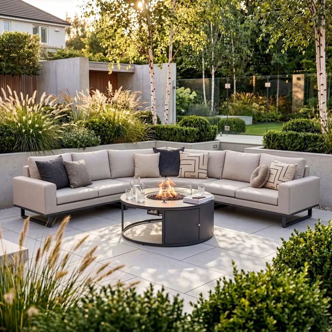 Fabric Ethos Grande Corner Sofa Set - Round Fire Pit Table Fabric Ethos Grande Corner Sofa Set - Round Fire Pit Table