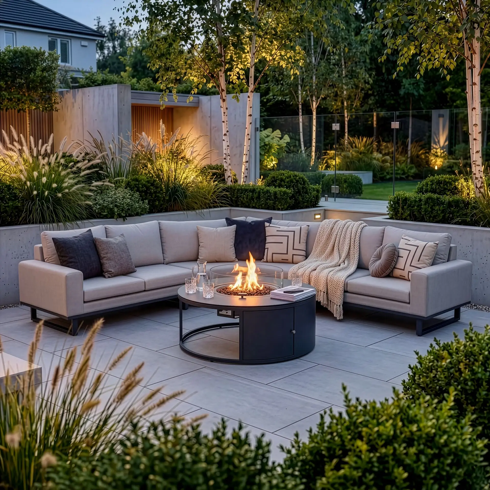 Fabric Ethos Grande Corner Sofa Set - Round Fire Pit Table