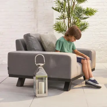 Tranquility Fabric Aluminium 2 Seater Sofa Set - Square Coffee Table & 2 Armchairs