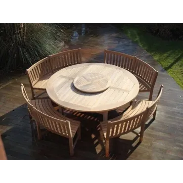 Chunky 210cm dia teak table with contour benches & parasol