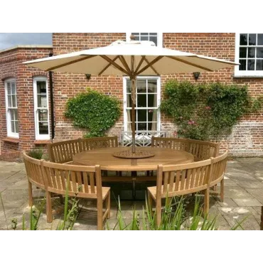 Chunky 210cm dia teak table with contour benches & parasol