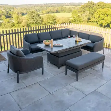 Duke Corner Fabric Dining Set with Armchair & Bench -  Rising Extending Table