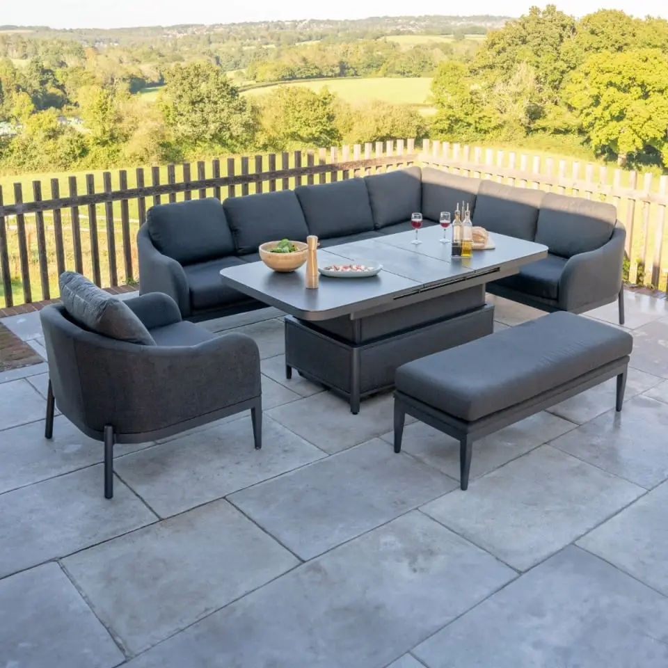 Duke Corner Fabric Dining Set with Armchair & Bench - Rising Extending Table