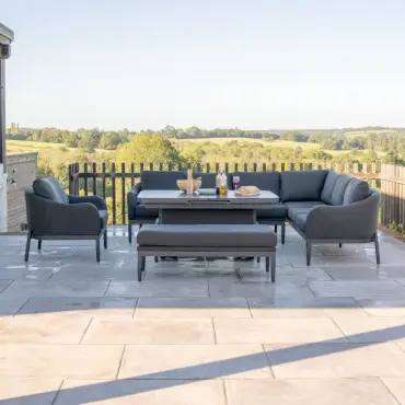 Duke Corner Fabric Dining Set with Armchair & Bench -  Rising Extending Table
