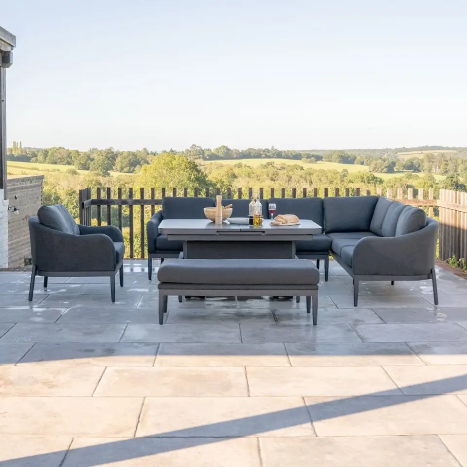Duke Corner Fabric Dining Set with Armchair & Bench - Rising Extending Table