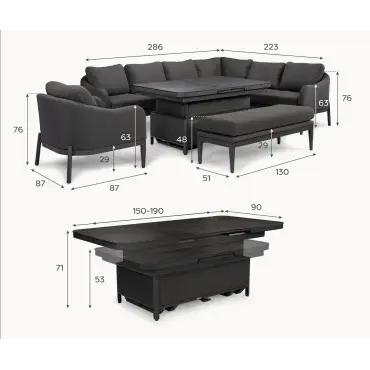 Duke Corner Fabric Dining Set with Armchair & Bench - Rising Extending Table