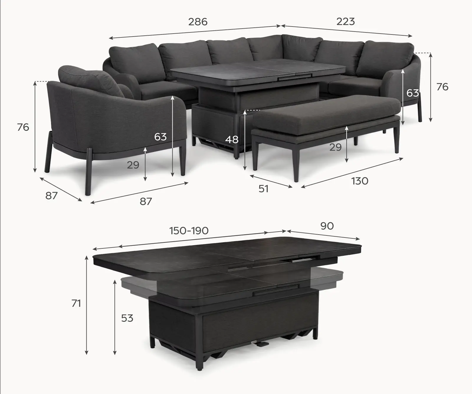 Duke Corner Fabric Dining Set with Armchair & Bench - Rising Extending Table