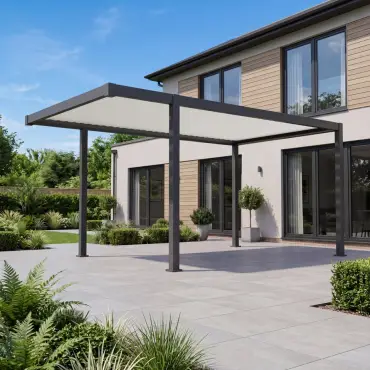Eclipse Aluminium Metal Fixed Roof Pergola in Graphite Grey & Pebble - 5.0m x 3.0m Free Standing with Awning