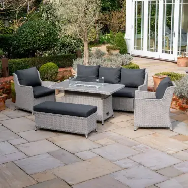 Talia 3 Seater Rattan Dining Set with 2 Armchairs & Bench - Rising Gas Fire Pit Table