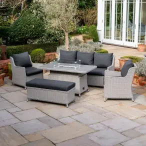 Talia 3 Seater Rattan Dining Set with 2 Armchairs & Bench - Rising Gas Fire Pit Table