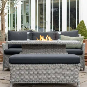 Talia 3 Seater Rattan Dining Set with 2 Armchairs & Bench - Rising Gas Fire Pit Table