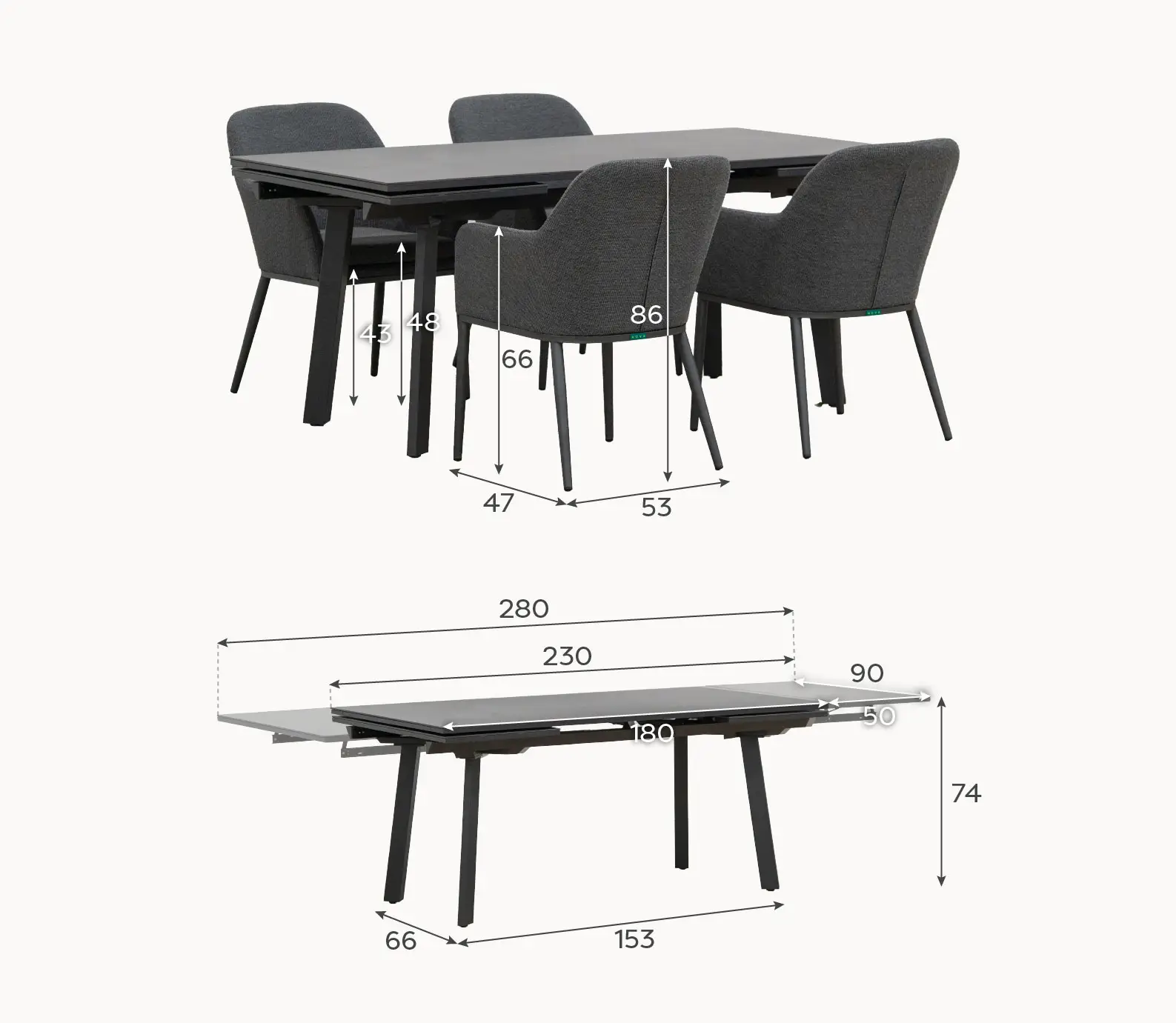 Ally 4-10 Seat Fabric Dining Set - Rectangular Extending Table in Graphite Grey