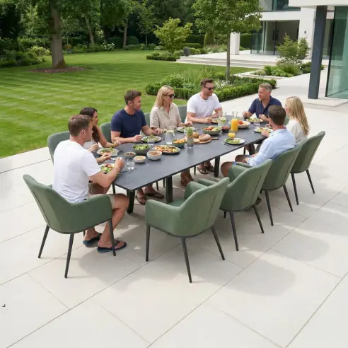 Ally 4-10 Seat Fabric Dining Set - Rectangular Extending Table in Green