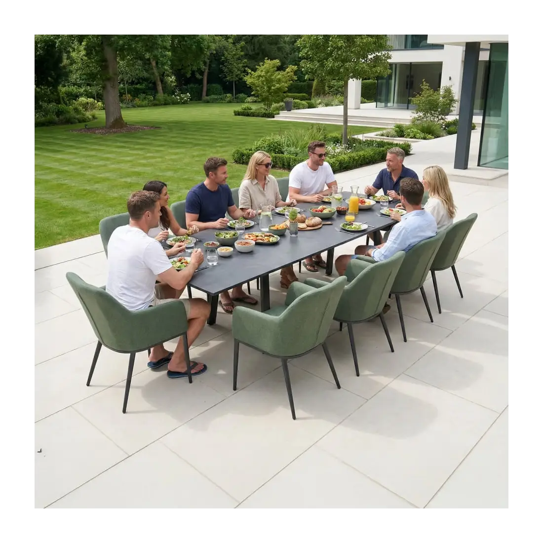 Ally 4-10 Seat Fabric Dining Set - Rectangular Extending Table in Green