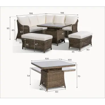 Isabella Corner Rattan Dining Set with 2 Stools - Rising Table