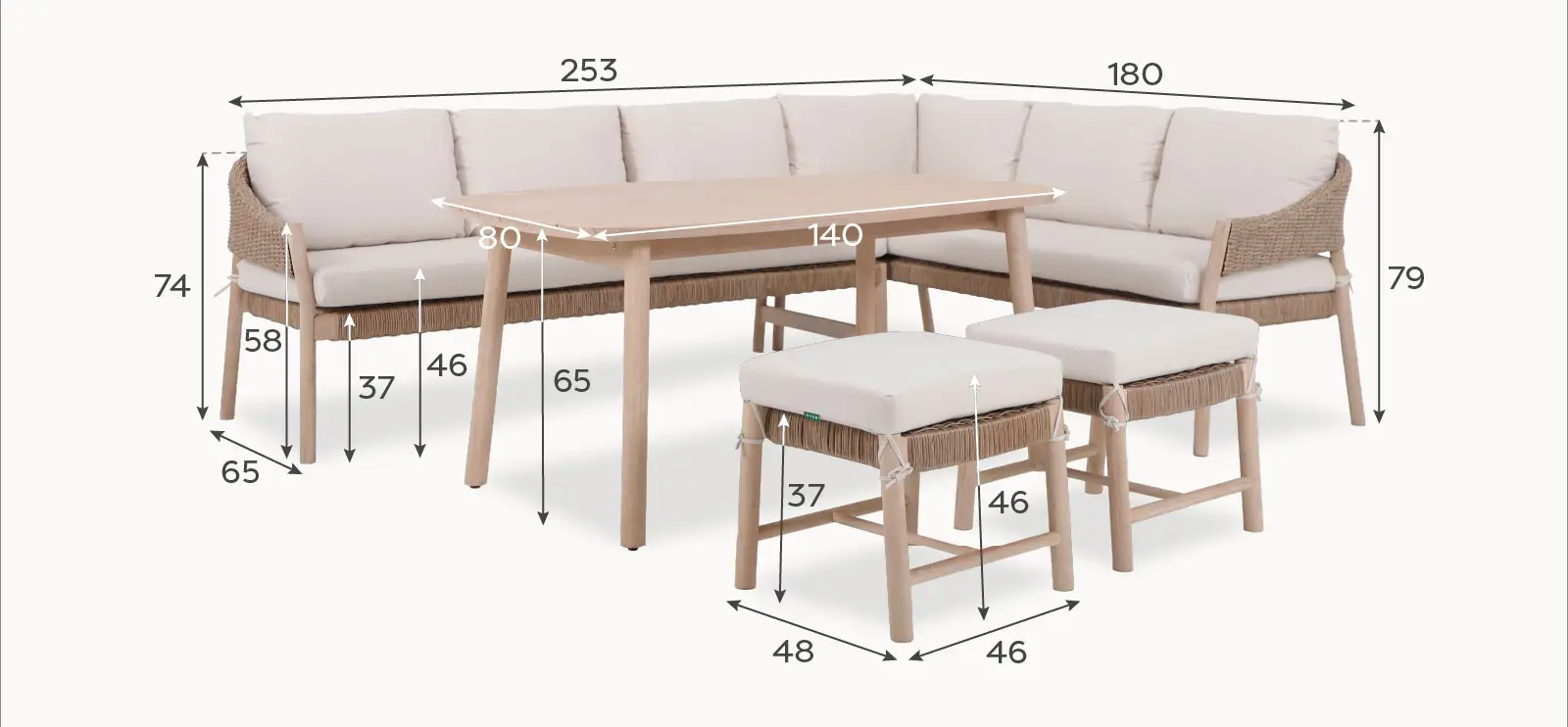 Hailey Corner Rattan Wood Set with 2 Stools