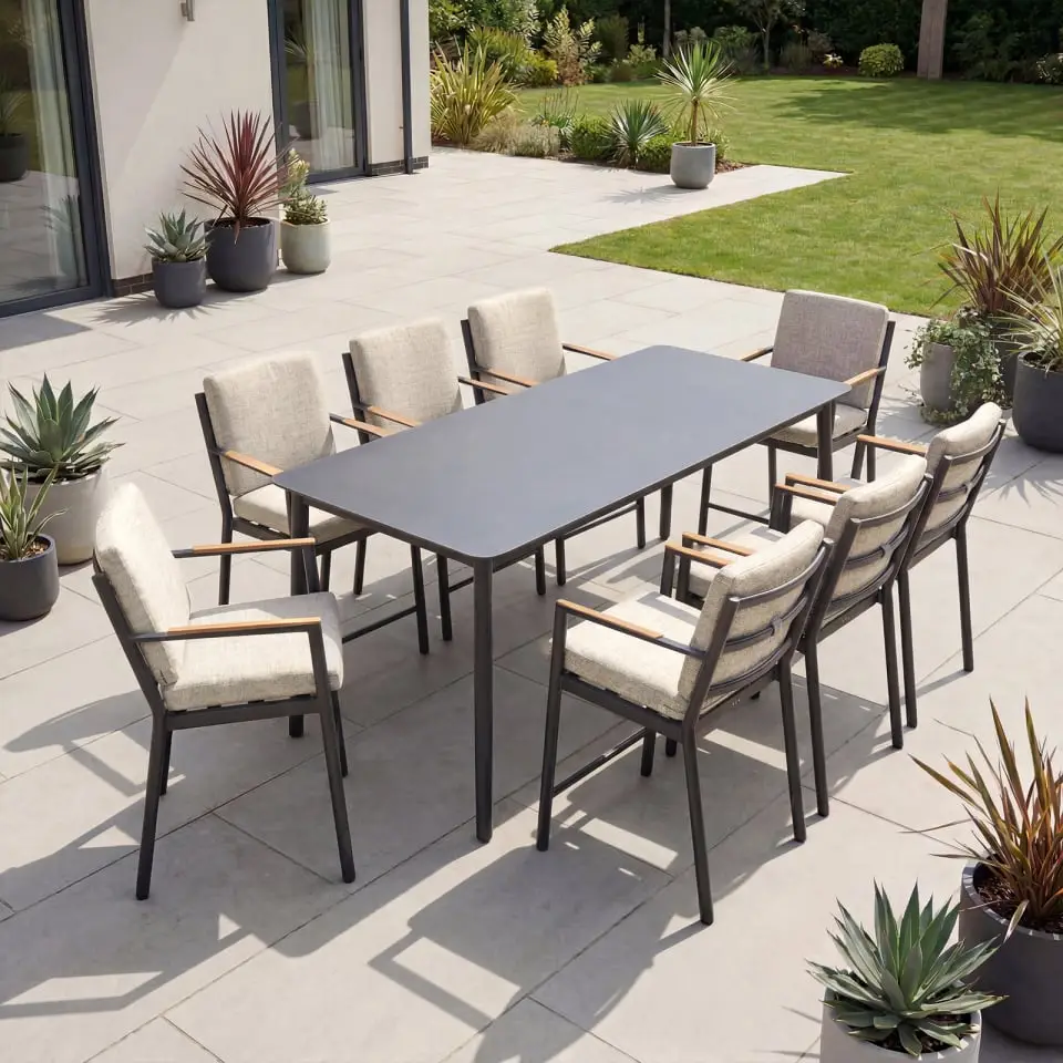 Monti 8 Seat Aluminium Wood High Dining Set - Rectangular Table