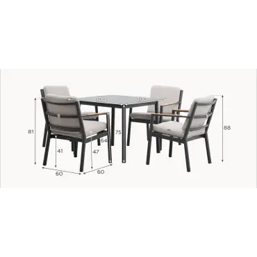 Monti 4 Seat Aluminium Wood Dining Set - Square Table