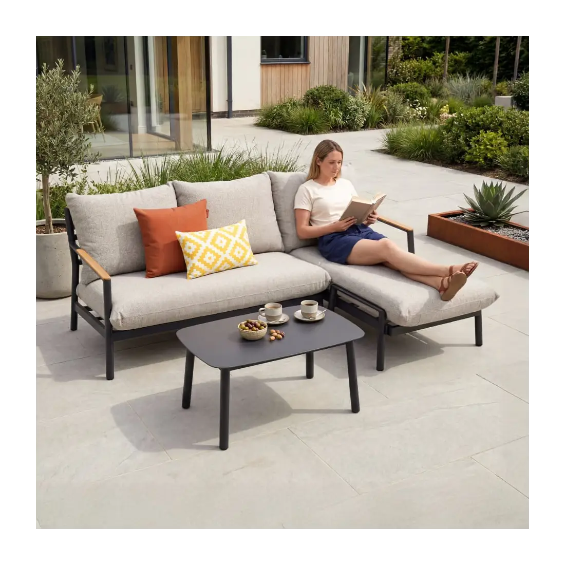 Monti Aluminium Wood 3 Seater Chaise Sofa Lounging Set